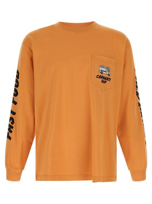 T-Shirt by Carhartt Wip for men in cotton orange & print features a plush silhouette, showcasing a sophisticated crew neckline and long-sleeve for a truly plush finish.