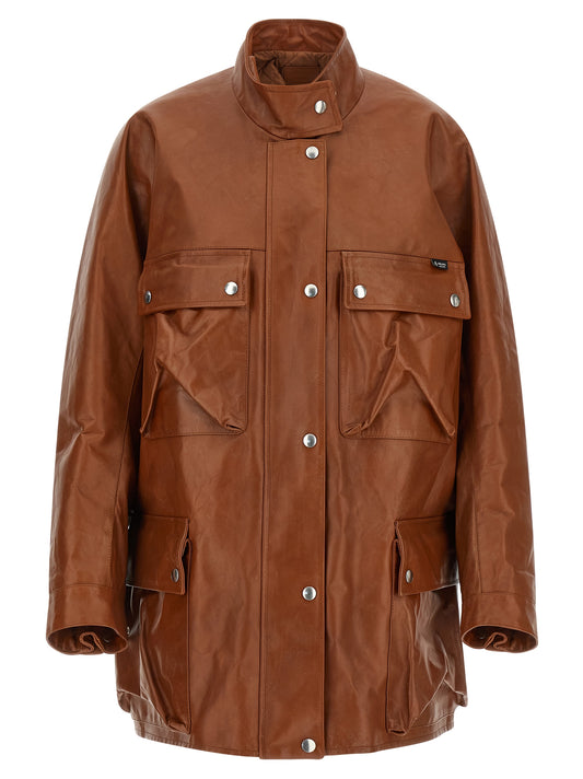Jacket by Prada for women in calfskin leather brown features an utilitarian silhouette with a refined , showcasing sophisticated pockets for an utilitarian aesthetic.