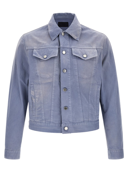 Trucker Jacket by Prada for men in denim cotton blue features a city-ready silhouette, detailed with pockets and a city-ready shirt-collar neckline.