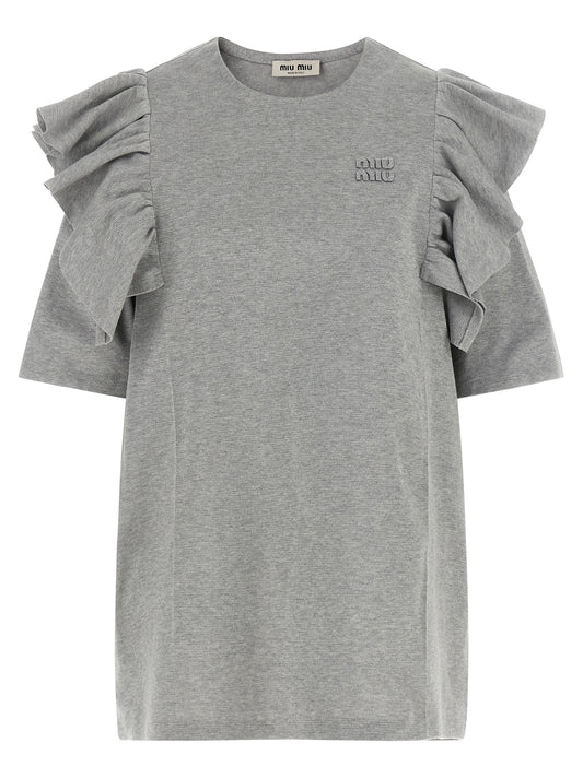 Dress by Miu Miu for women in cotton gray features an eye catching silhouette with a sophisticated crew neckline, elegant short-sleeve, and a refined short mini for a eye catching aesthetic.
