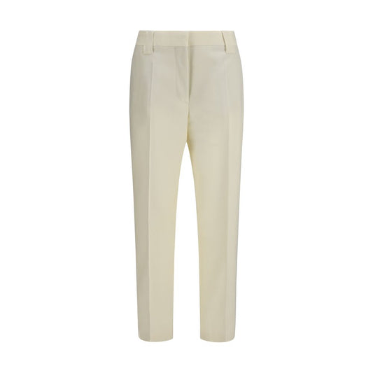 Trousers by Versace for women in wool & satin beige & signature features a artisanal silhouette, showcasing a sophisticated regular-fit & cropped with a cropped and for a artisanal finish.