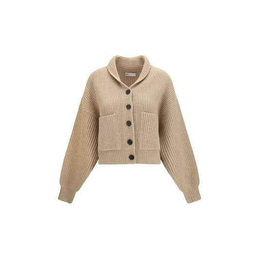 Cardigan by Tory Burch for women in merino wool beige & signature features an crisp silhouette, showcasing a sophisticated and long-sleeve detail for a truly crisp finish.