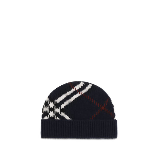 Burberry Cashmere Polyamide & Polyester Beanie Hat - Blue Patterned Jacquard Signature