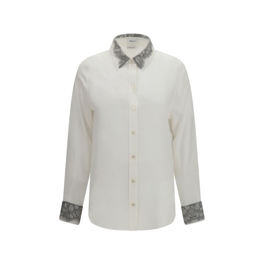 Dress Shirt by Alexander McQueen for women in lace & silk white & floral features an architectural silhouette with a refined long-sleeve and elegant for a architectural look.