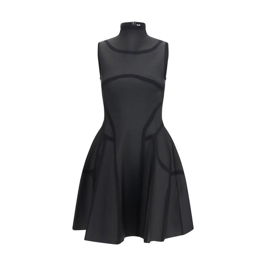 Dress by Alexander McQueen for women in viscose polyester & polyamide black, patterned & jacquard features an sultry silhouette defined by a high-neck neckline and sleeveless, falling to an sultry short mini for a sultry look.