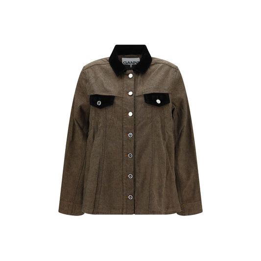 This Trucker Jacket by Ganni for women in cotton denim hemp & velvet brown exhibits a edgy silhouette, meticulously detailed with functional pockets and a edgy for a edgy finish.