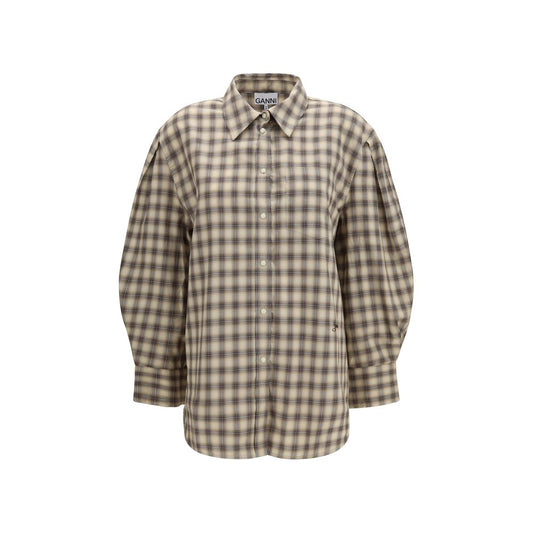Dress Shirt by Ganni for women in organic cotton beige, patterned, checked & signature showcases a sharp silhouette, elegantly detailed with a sharp and sharp .