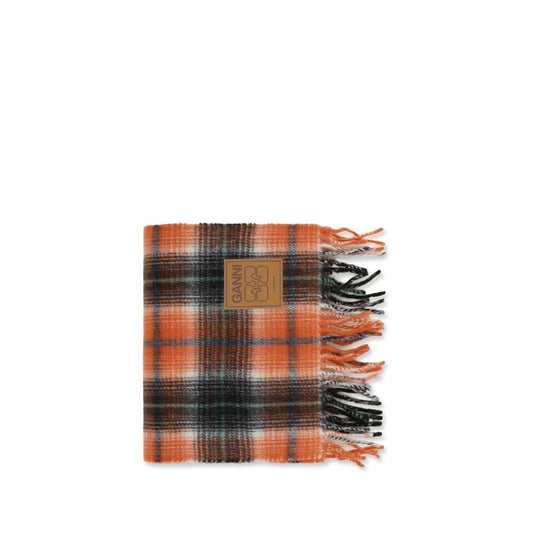 Ganni Wool Fringes Scarf - Orange Patterned Checked