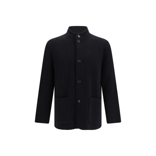 Overcoat by Lardini for men in cashmere wool black features a contemporary silhouette showcasing a contemporary stand-collar neckline and refined pockets for a sophisticated finish.