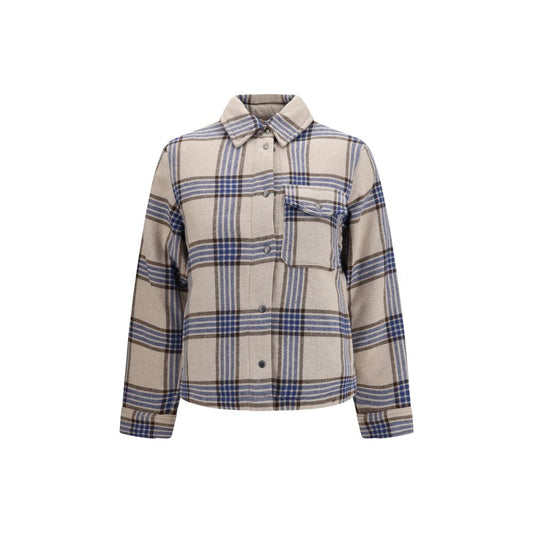 Trucker Jacket by Woolrich for women in denim duck down polyester & wool beige, patterned, checked & signature presents a effortlessly chic silhouette, showcasing a sophisticated shirt-collar neckline and premium lightweight, pockets & insulated for a truly effortlessly chic finish.
