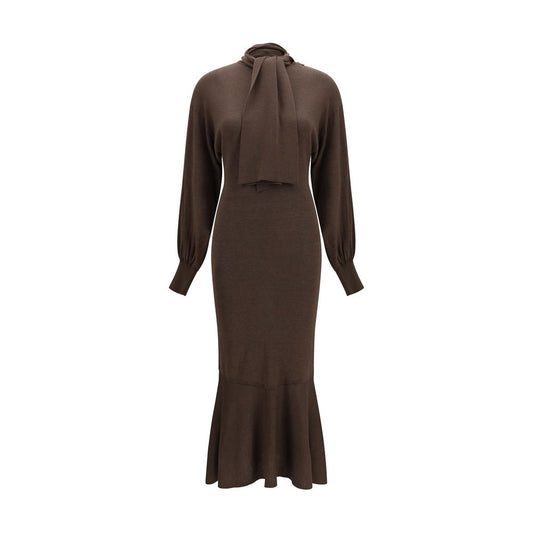 Dress by Jacquemus for women in silk & viscose brown presents a sinuous silhouette, showcasing a sophisticated high-collar neckline and long-sleeve detailed with a sinuous long for a refined finish.