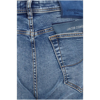 Jeans by Jacob Cohen for men in denim cotton & suede leather blue & signature features an refined tailoring silhouette, showcasing a premium tapered-leg, regular-fit & slim with a mid rise and long cut for a refined tailoring look.