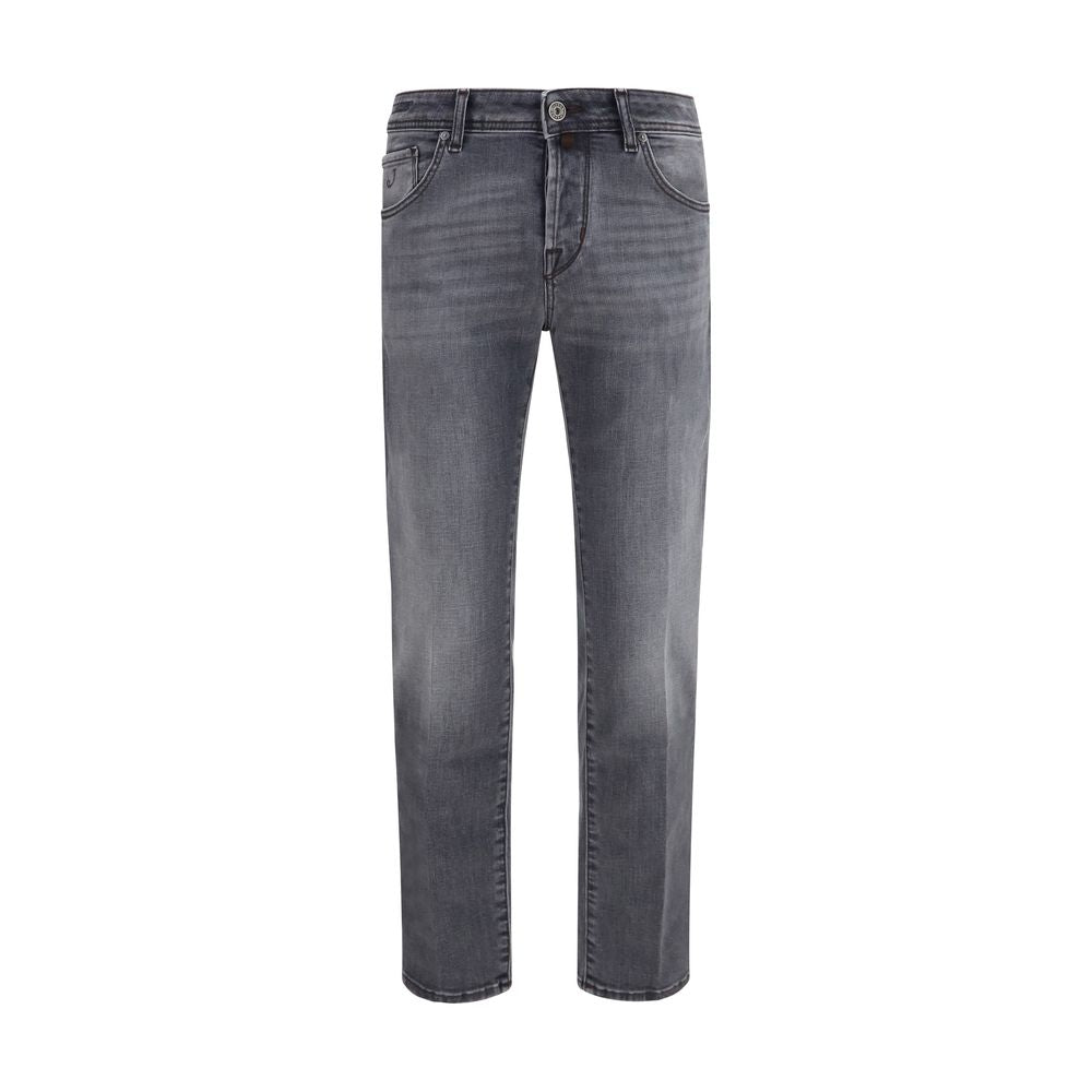 Jeans by Jacob Cohen for men in stretch denim cotton gray features a polished silhouette with a polished straight-leg & slim, reaching a polished long and finished with a polished mid rise.