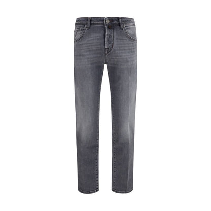 Jeans by Jacob Cohen for men in stretch denim cotton gray features a polished silhouette with a polished straight-leg & slim, reaching a polished long and finished with a polished mid rise.