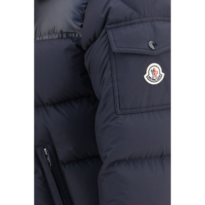 Moncler Men's Goose Down Padded Polyester & Goose-Down Hooded Overcoat - Blue Patterned Signature