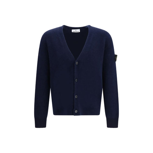 Cardigan by Stone Island for men in polyamide alpaca & merino wool blue & signature showcases a captivating silhouette, artfully detailed with a captivating long-sleeve and v-neck neckline for a truly sophisticated captivating look.