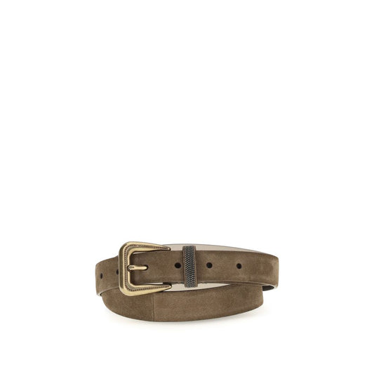 Belt by Brunello Cucinelli for women in suede leather brown, gold & signature features an artisanal silhouette, showcasing the artisanal craftsmanship of the Suede Leather Belt collection for a artisanal finish.