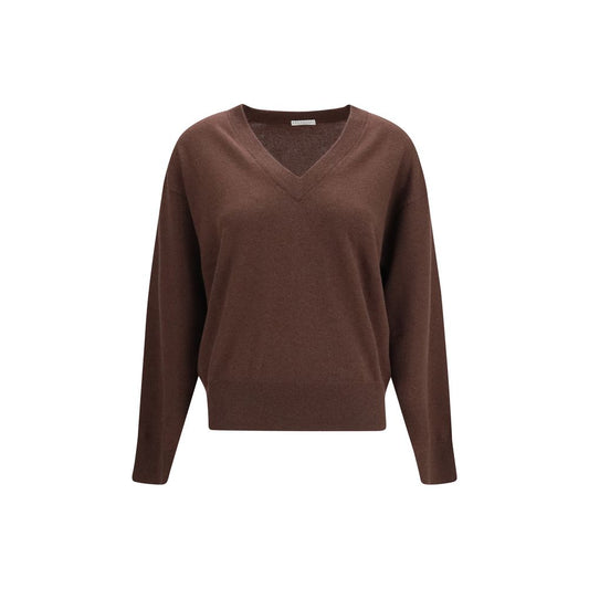 Sweater by Brunello Cucinelli for women in cashmere brown features an tactile silhouette, showcasing a sophisticated v-neck neckline and tactile long-sleeve for a refined finish.
