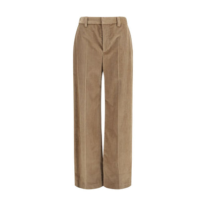 Casual Pants by Brunello Cucinelli for women in velvet cotton brown features a polished silhouette with a polished relaxed-fit, regular-fit & wide, reaching a polished long and finished with a polished high rise.