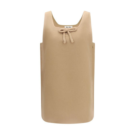 Miu Miu Women's Sleeveless Round Neck Wool Short Dress - Beige Signature