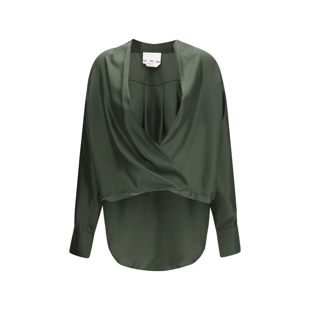 Blouse by SA SU PHI for women in silk twill bicolour showcases a sublime silhouette, artfully detailed with a sublime wrap v-neck neckline and for a sophisticated, sublime finish.