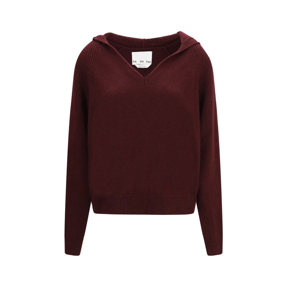 Sweatshirt Hoodie by SA SU PHI for women in cashmere & silk bordeaux features a authentic silhouette, showcasing a sophisticated v-neck hooded neckline and authentic detail for a refined finish.