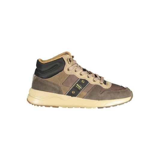 Athletic Sneakers by Blauer for men in polyester beige & brown showcases a architectural silhouette, artfully capturing the essence of the Men's Athletic Polyester Sneakers with its signature architectural athletic style construction.