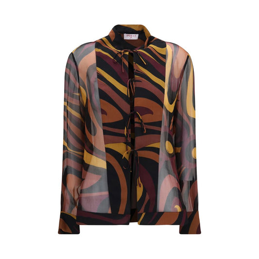 Shirt by Emilio Pucci for women in lace & silk multicolor, natural, patterned & print showcases a sharp silhouette, elegantly detailed with a sharp mandarin neckline and sharp .
