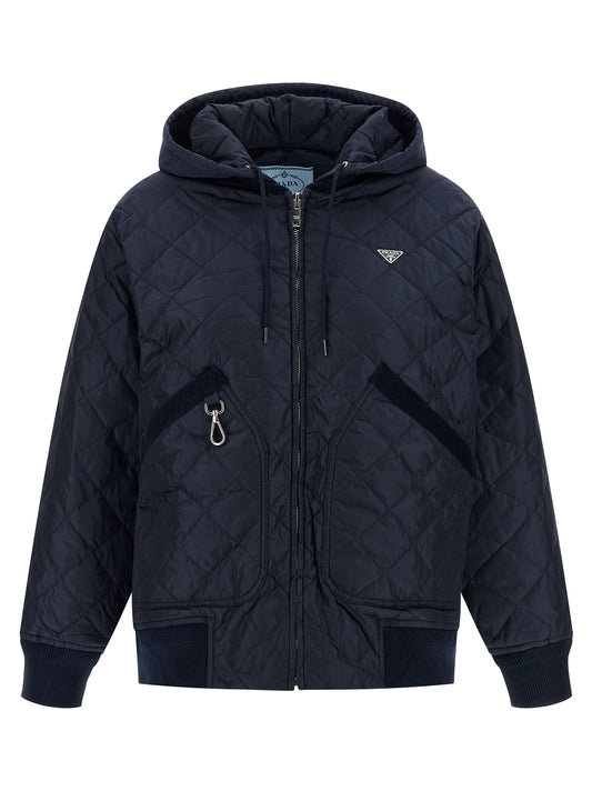 Hooded Bomber Jacket by Prada for women in polyamide blue features a dramatic silhouette, showcasing a sophisticated hooded neckline and distinctive pockets, hooded & insulated for a dramatic aesthetic.