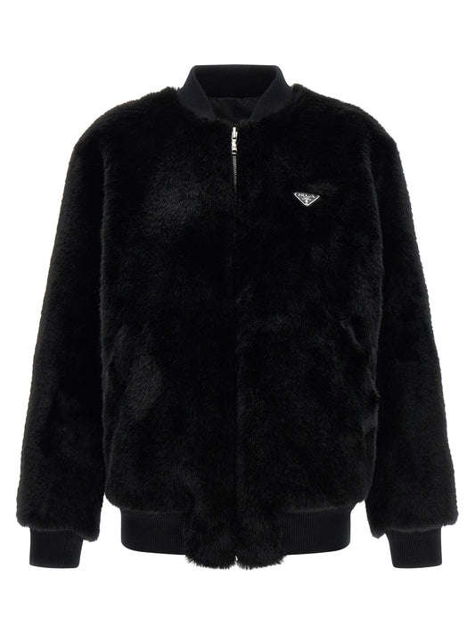 Bomber Jacket by Prada for women in nylon wool & faux fur black features a dramatic silhouette, showcasing a sophisticated high-neck neckline and distinctive pockets for a dramatic aesthetic.