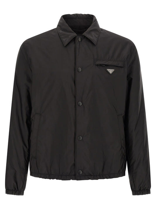 Overcoat by Prada for men in nylon black features an satoral silhouette, showcasing a sophisticated shirt-collar neckline and satoral pockets for a premium, timeless look.
