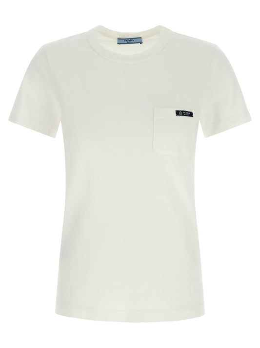 T-Shirt by Prada for women in cotton white showcases a fashionable silhouette, elegantly detailed with a fashionable and crew neckline for a sophisticated, high-fashion look.