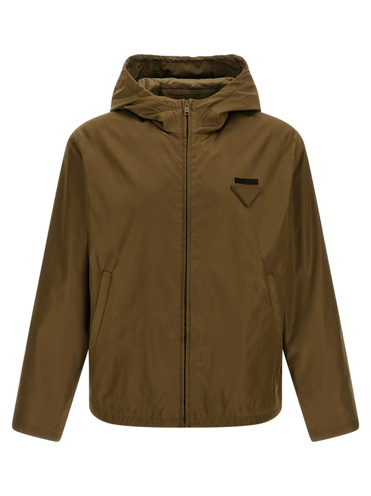 Hooded Windbreaker Jacket by Prada for men in nylon & cotton bicolour & green features an stylish silhouette, showcasing a sophisticated hooded neckline and performance-driven pockets, hooded & windproof for a premium, stylish look.