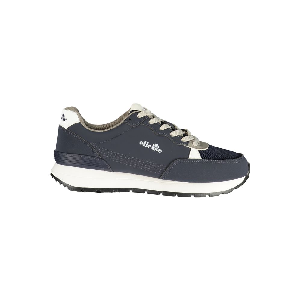 Athletic Sneakers by Ellesse for men in polyester & polyurethane blue, gray & white showcases a architectural silhouette, artfully capturing the essence of the Men's Athletic Polyester & Polyurethane Sneakers with its signature architectural athletic style construction.