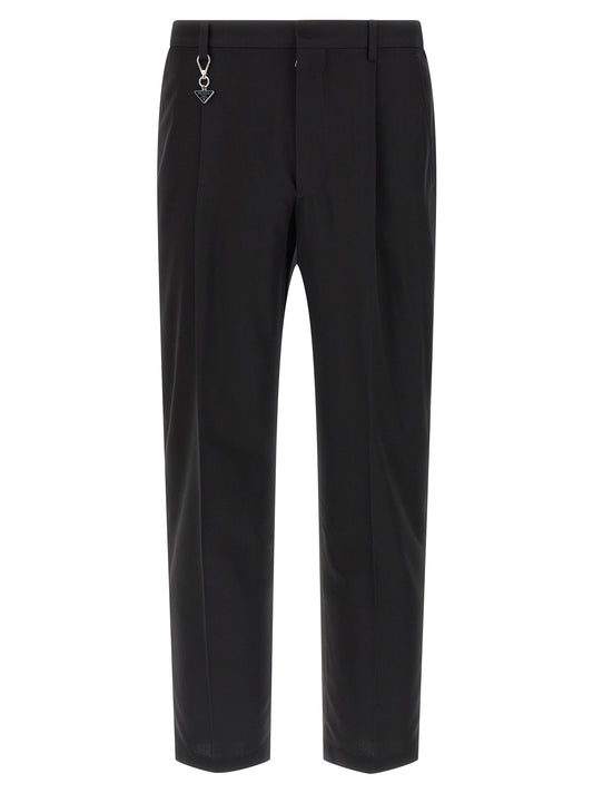 Trousers by Prada for men in cotton & viscose black features a sculptural silhouette, showcasing a sculptural straight-leg and long with a sophisticated for a sculptural finish.