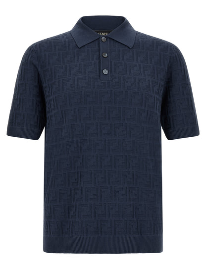 Fendi Men's Cotton Polo Shirt - Navy Patterned Jacquard