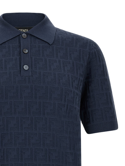 Fendi Men's Cotton Polo Shirt - Navy Patterned Jacquard