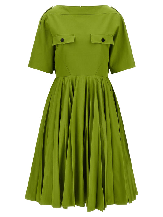 Dress by Prada for women in cotton bicolour & green features an cute silhouette, detailed with a short-sleeve and boat neckline that elegantly flows into a cute midi short.