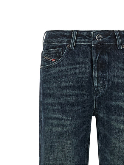 Jeans by Diesel for women in denim cotton dark-blue presents a tailored silhouette, showcasing a tailored straight-leg and long cut with a refined mid rise for a truly tailored aesthetic.