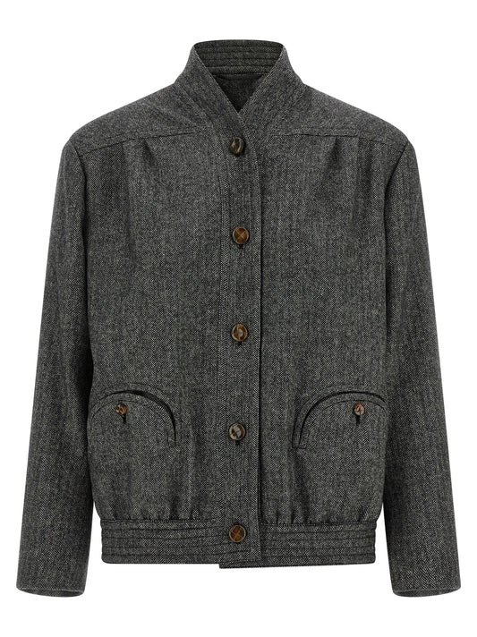 Overcoat by Blazé Milano for women in virgin wool & polyamide gray, patterned & herringbone showcases a architectural silhouette, artfully detailed with a distinctive and functional pockets & insulated for a architectural finish.