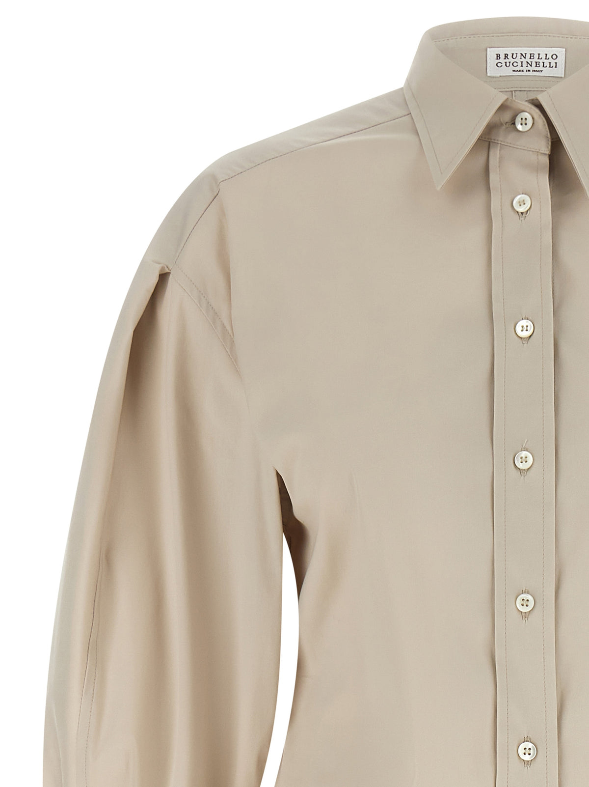Blouse by Brunello Cucinelli for women in silk polyamide & cotton beige & signature showcases a sleek silhouette, elegantly detailed with a sleek and for a sleek finish.