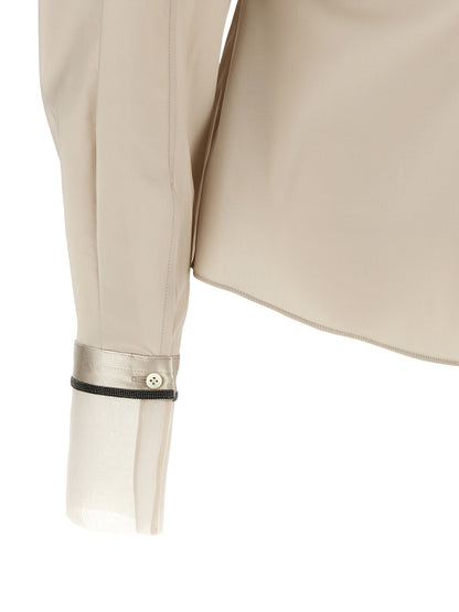 Blouse by Brunello Cucinelli for women in silk polyamide & cotton beige & signature showcases a sharp silhouette, elegantly detailed with a sharp and sharp .