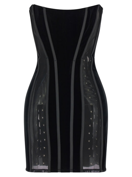 Dress by Elisabetta Franchi for women in polyester tulle & lace black, gold & transparent features an magnificent silhouette, artfully detailed with a magnificent strapless neckline and sleeveless; strapless that flows into an magnificent short mini.