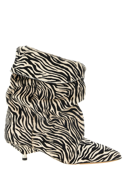 Kitten Ankle Cowboy Boots by Isabel Marant for women in cowhide leather bicolour, zebra & print showcases a ergonomic silhouette from the Pony Women's Cowhide Leather Kitten Ankle Cowboy Boots collection, featuring a ergonomic kitten-heel and a ergonomic .