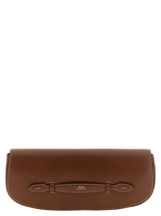 Flap Clutch Handbag by Polo Ralph Lauren for women in suede cowhide leather brown & gold features a sculptural silhouette with a secure flap & magnetic, organized , and versatile shoulder-strap, adjustable-strap, detachable-strap & handle for a sculptural finish.