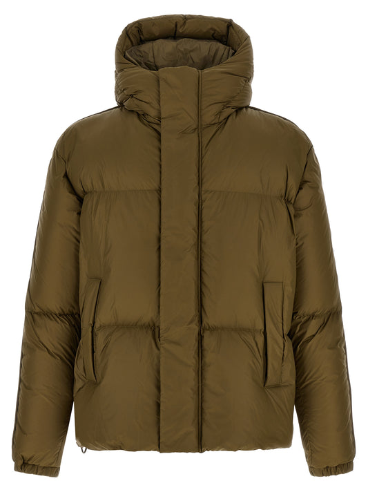 Hooded Puffer Jacket by LAMINAR for men in polyamide & feathers bicolour, green & olive features a city-ready silhouette, detailed with pockets, hooded & insulated and a city-ready hooded high-neck neckline.