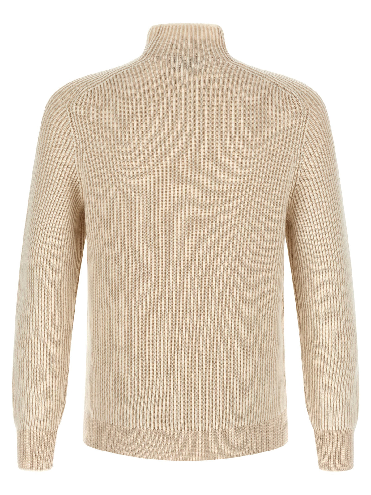 Cardigan by Brunello Cucinelli for men in cashmere beige showcases a captivating silhouette, artfully detailed with a captivating and turtle neckline for a truly sophisticated captivating look.
