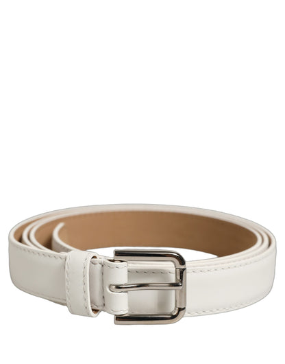 Dolce & Gabbana White Leather Silver Tone Metal Buckle Belt