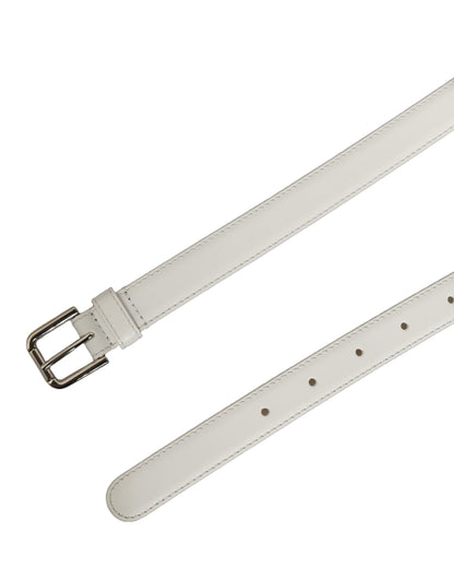 Dolce & Gabbana White Leather Silver Tone Metal Buckle Belt