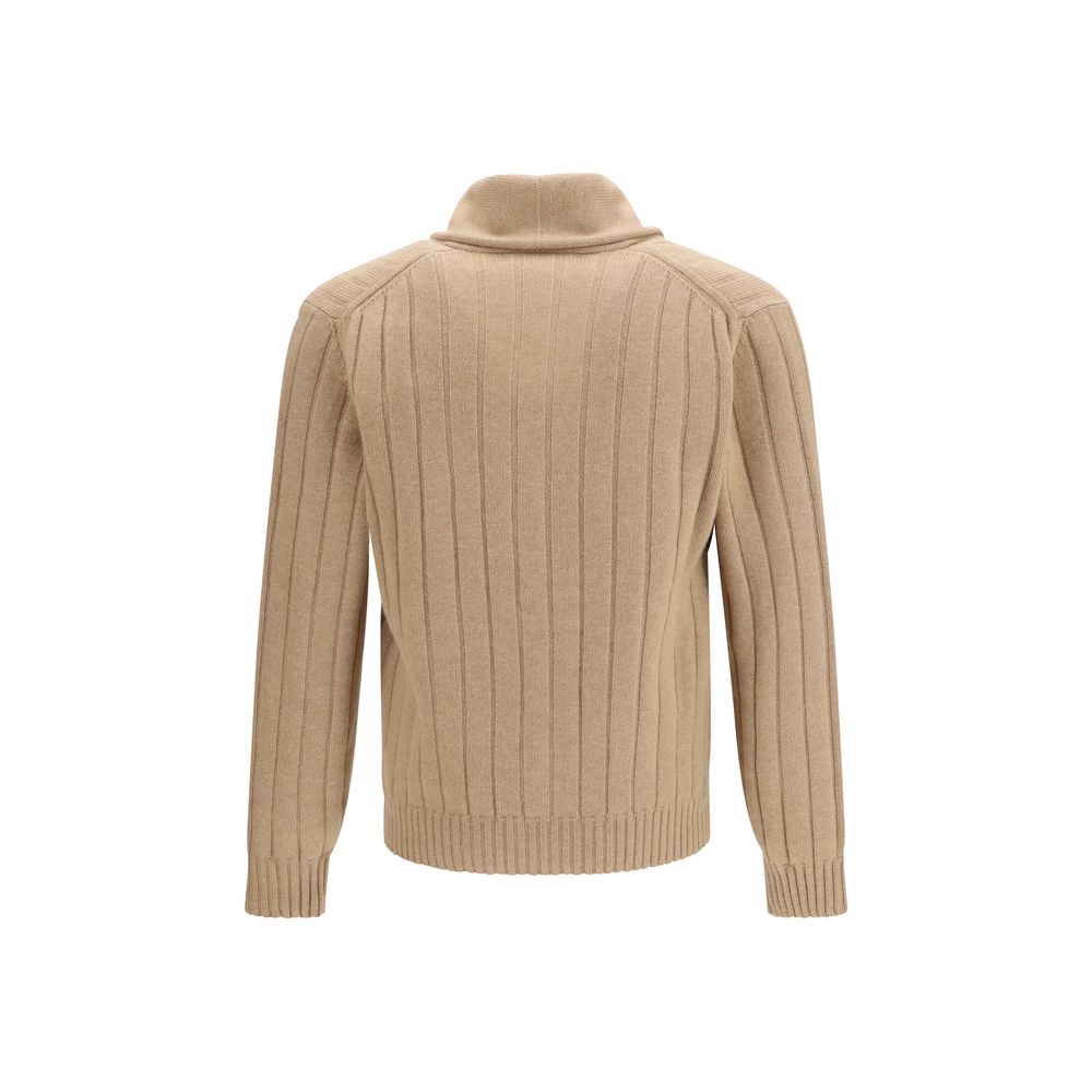 Cardigan by Brunello Cucinelli for men in cashmere beige features a dramatic silhouette, showcasing a sophisticated shawl-collar neckline and dramatic detail for a timeless, premium look.